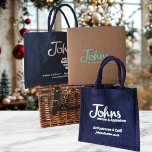 Johns Wicker Hamper, Johns LArge Jute Bag, Johns Small Jute Bag and a Johns Cardboard Box - different hamper carriers to create your own hamper