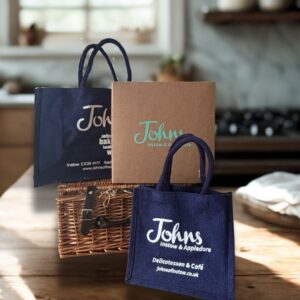 Johns Large Jute Bag. Johns Small Jute Bag. Johns Cardboard Gift Box.