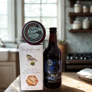 Old Appledore Ale with fine cheese company crackers and Godminster vintage cheddar truckle. A fantastic gift on a budget
