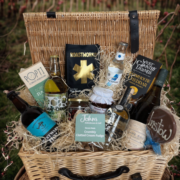 Johns Luxury Westcountry Hamper packed full of the finest fayre from the South West, including wine, gin, beer, cider, sweet & savoury