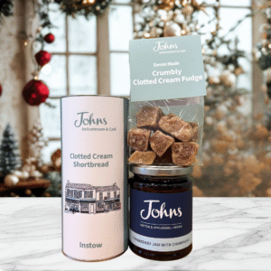 All Johns branded treat bag - Johns Clooted Cream Fudge, Johns Shortbread Biscuits and Johns MArc de Champagne and strawberry Jam