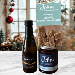 For her treat bag, mini Prosecco, Johns Strawberry & Champagne Jam and local clotted cream fudge. A budget friendly gift that'll be well recieved.