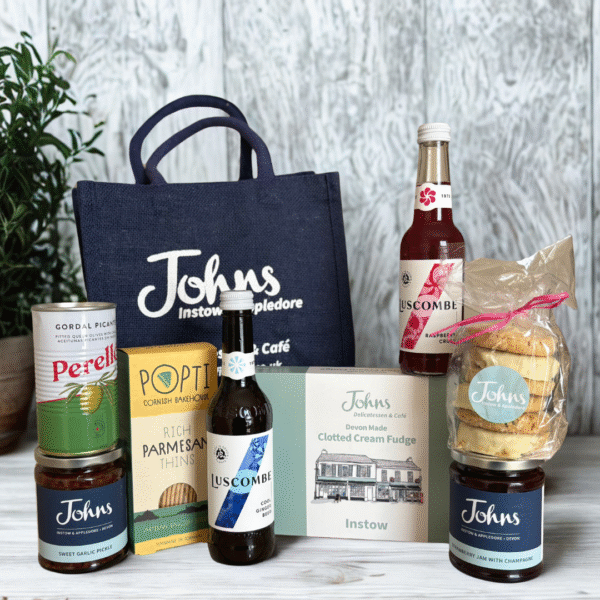 Artisan treats from Westcountry Supliers and Johns own brand too. Packaged in a reusable Navy blue JOhns tote bag. A ideal thankyou or corporate gift, budget friendly but high quality every time.