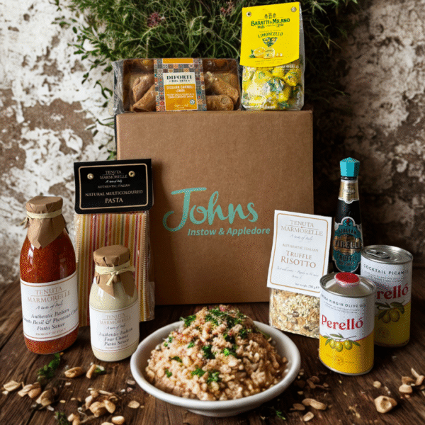 Johns Italian Favourites Hamper featuring premium artisan products. A balanced sweet & savoury hamper in stylish eco-conscious packaging