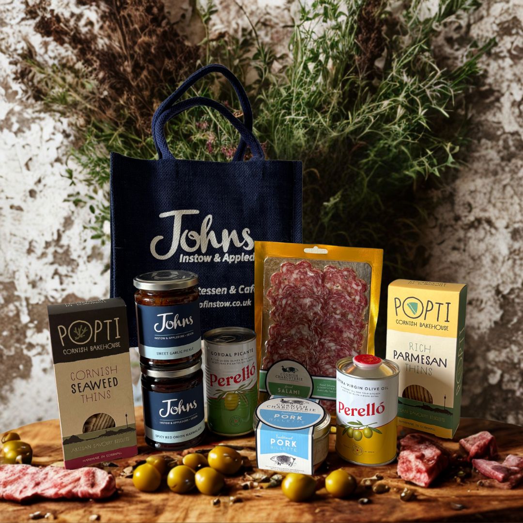 Johns Mini Hamper - Savoury selection. A perfect pairing of charcuterie meat, olives, chutney, crackers, olive oil and pate for a great night in as well as a thoughtful fun gift