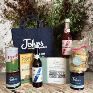 Artisan treats from Westcountry Supliers and Johns own brand too. Packaged in a reusable Navy blue JOhns tote bag. A ideal thankyou or corporate gift, budget friendly but high quality every time.