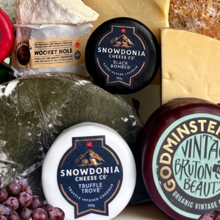 Selection of local produced cheese, godminster truckles, snowdonia, cornish yarg, cheddar & stilton