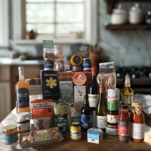 Johns Deluxe Deli Hamper featuring hand picked deli favourites including Perello Olives, Sea sisters tinned fish, tenuta marmorella pasta sauce, roastworks coffee, godminster cheddar truckles, exmoor tea, sams cider and much more