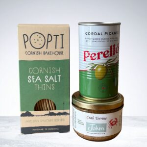 Gift Bag for Him packed with savoury favourites, including Perelló Gordal olives, Carb Terrine and Popti crackers.