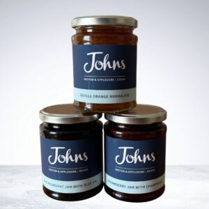 Johns Seville Marmalade, Johns Blackcurrant Jam & Johns Strawberry with Champagne Jam 3 packs. A Sweet Gift.