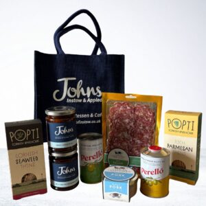 A hand-picked selection of savoury favourites, beautifully packaged in our iconic small Johns Navy jute bag.