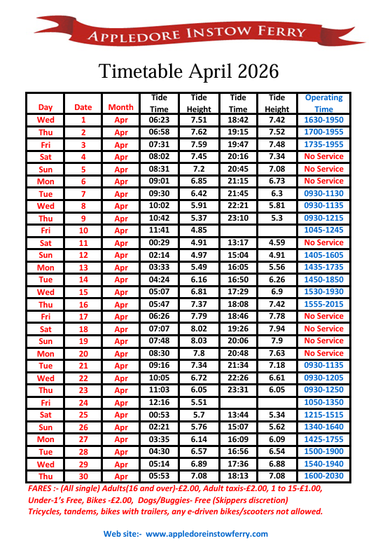 Appledore Instow Ferry Timetable 2026