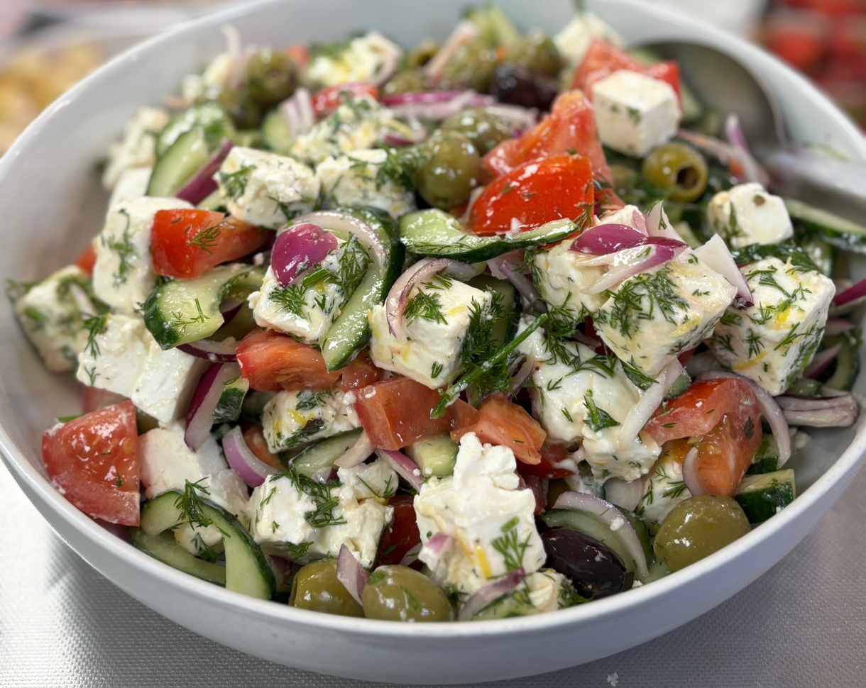 Feta, fresh tomato, cucumber, red onion & olives with dill and extra virgin olive oil. Perfect Greek Salad